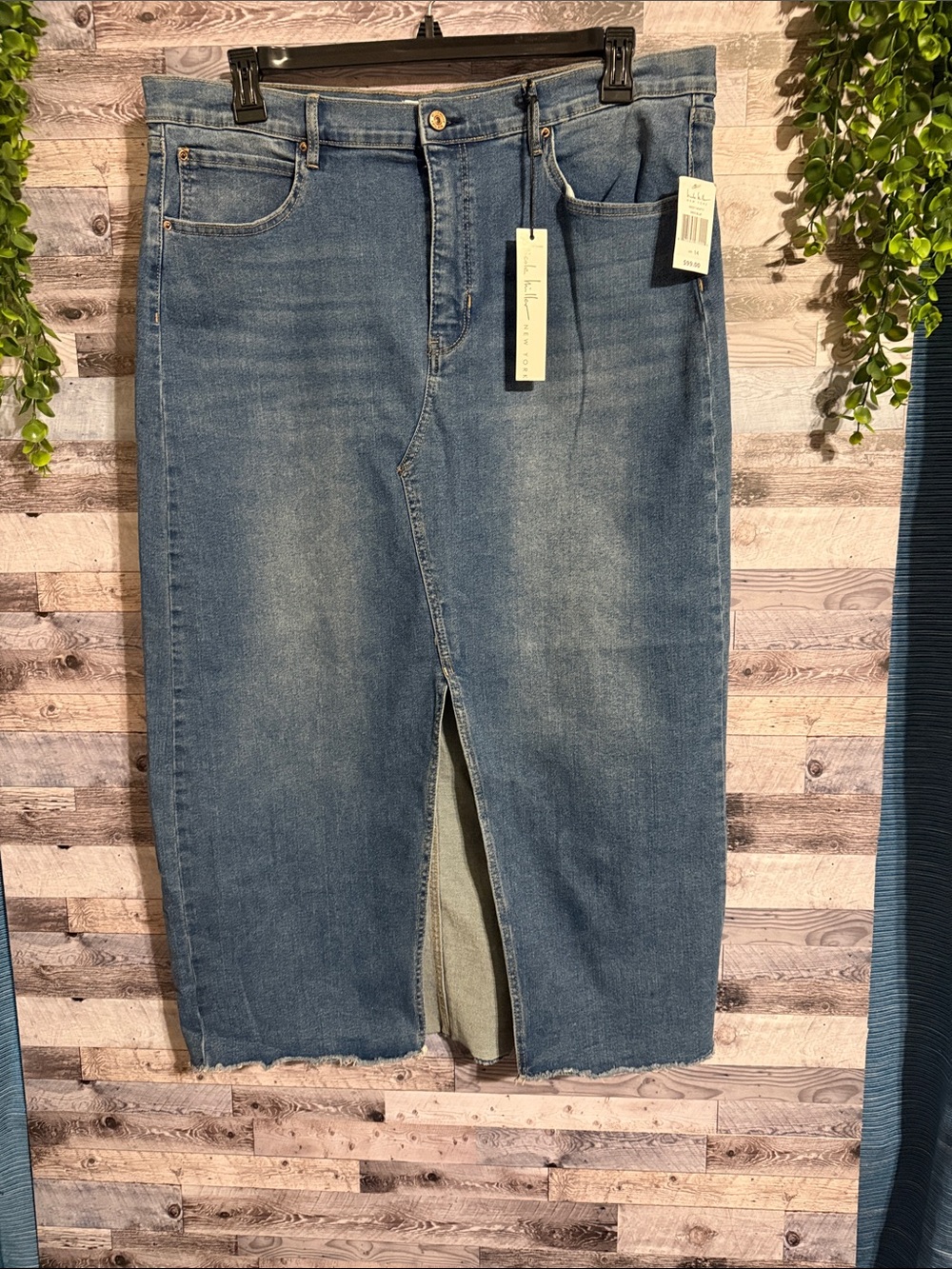 NWT! Nicole Miller Classic Midwash Denim Midi Skirt with Front Slit